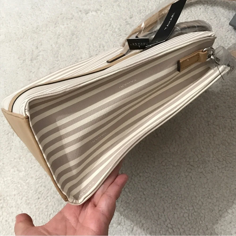 Tahari $149 MSRP Striped Satchel Bag + Dustbag Vegan Leather Cream